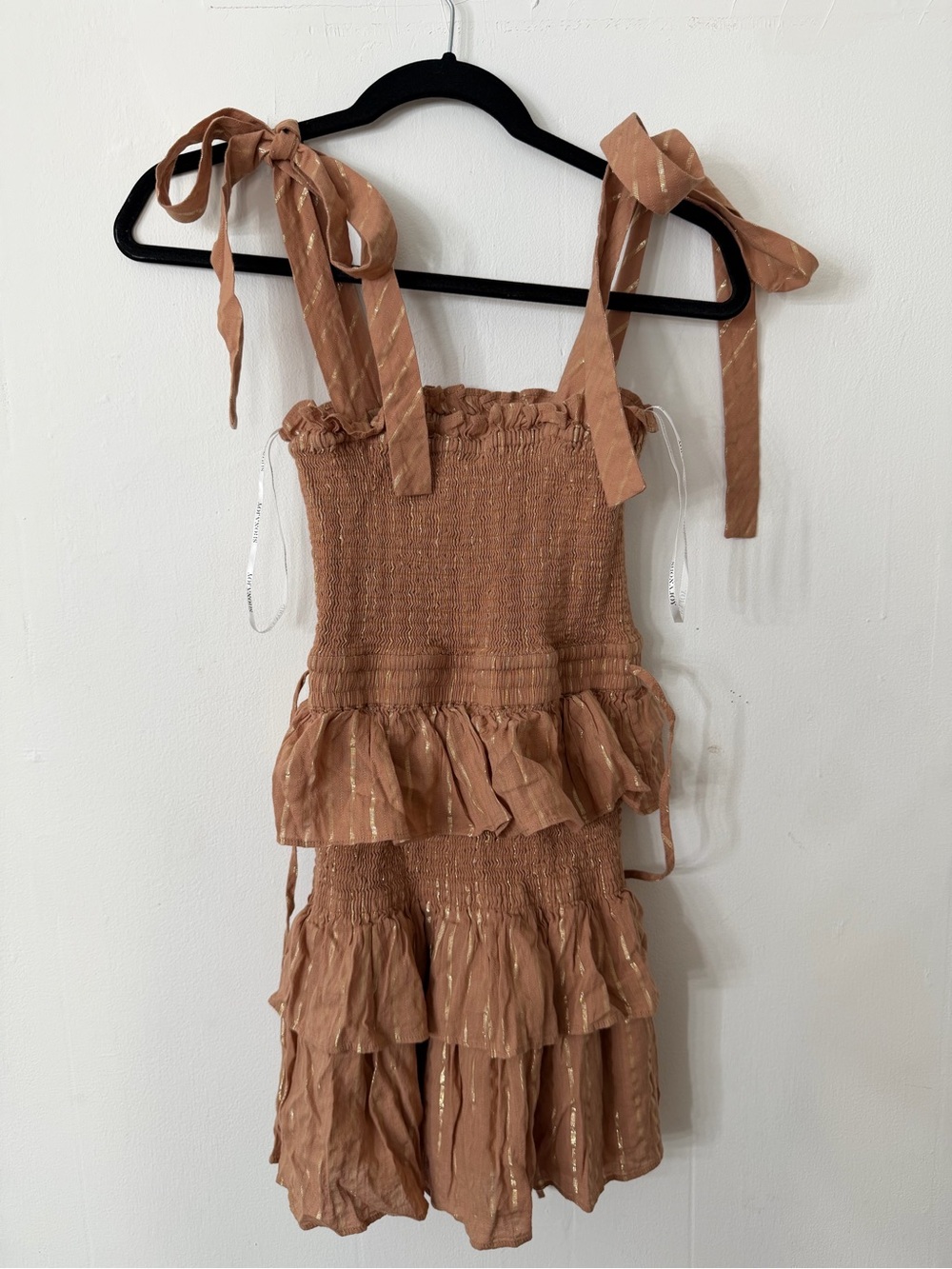 Shona Joy Rust Tie-Shoulder Ruffle Dress with Metallic Stripes